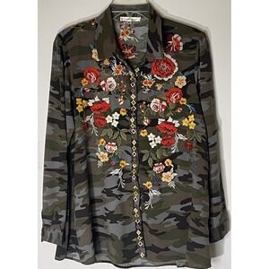 Andree‎ By Unit Camouflage Blouse Women's Sz M Embroidered Long Sleeve Button Up